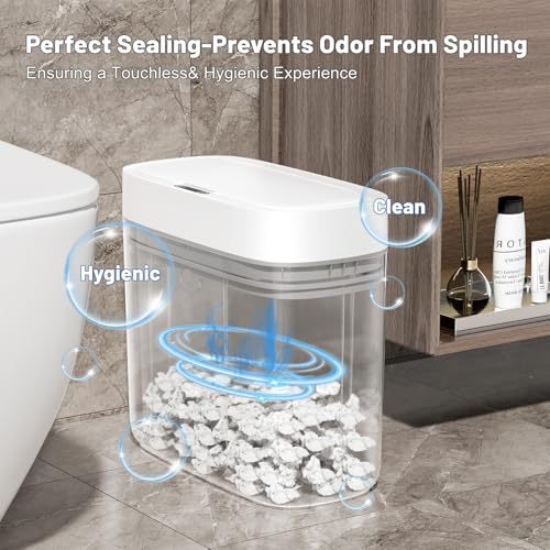 JUDRDO 3.5 Gal Slim Touchless Bathroom Trash Can, Automatic Diaper Pail | Motion sensor opening, automatic liner suction, slim profile for bathrooms, bedrooms, offices, kitchens and nurseries - color: White