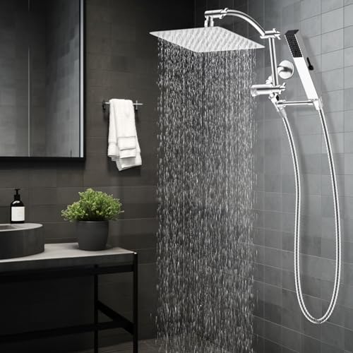 Hibbent All Metal CUPC Certified 10'' Rain Shower Head, Dual Shower Head Combo, High Pressure Handheld 4 Sprays Shower Wand, 16'' Adjustable Extension Arm, 71'' Hose, Shower Holder, Chrome - color: Chrome, style: Square 10''