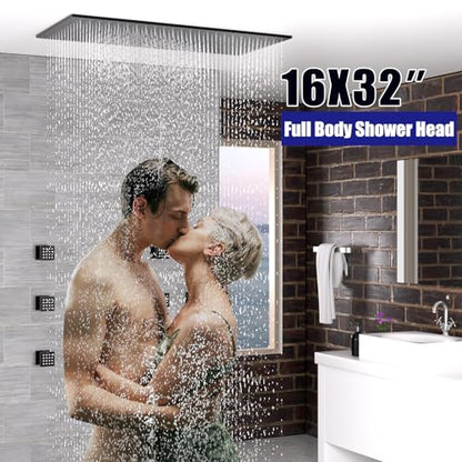 Luxury Large Ceiling Rectangle Rainfall Shower Head, 16x32inch High Pressure Rain Showerhead with Silicone Nozzles Full Body Fixed Showerheads For Modern Bathroom, Black Finish - color: Matte Black, style: Rainfall(One Function)