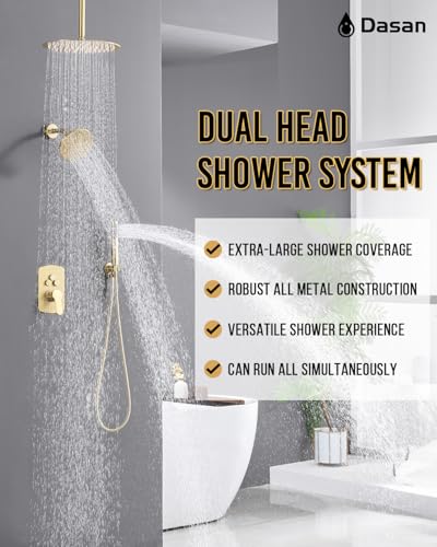 Dasan Rainfall Full Body Shower Faucet System with 12'' Round Shower & 6'' Round Shower,Brushed Gold Dual Shower Head Faucets Set with Handheld & Valve, Double Shower Head System for Couples/ 2-Person - color: Brushed Gold