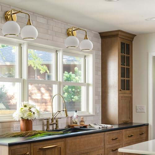 Brushed Gold Bathroom Light Fixtures 2-Lights Vanity Lights with Milky White Frosted Glass Shade Bathroom Vanity Light 14 inch Wall Sconce Lighting Bath(Exclude E26 Bulb) - color: Gold & Milky White, size: 2 Light