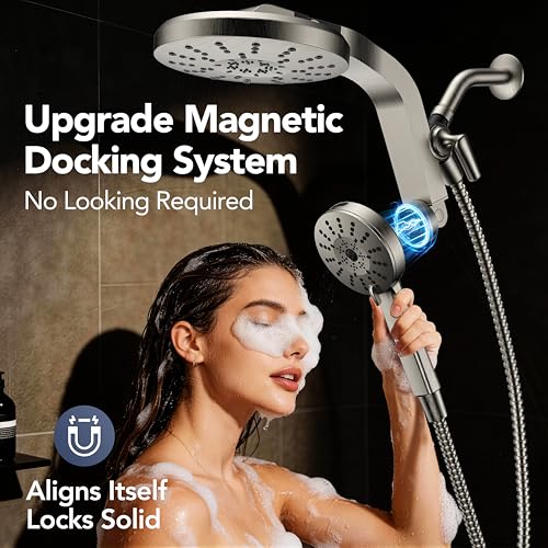 High Pressure Rain Showerhead Combo, Magnetic Shower Head Set with Detachable 8-Mode Handheld Shower Spray, Adjustable Angle Dual Showerhead with Built-in Magnetic Docking, Power Jets Brushed Nickel - color: Brushed Nickel