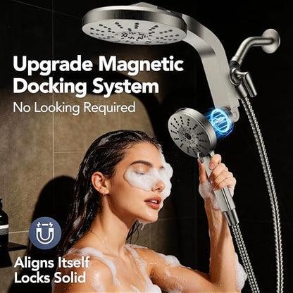 High Pressure Rain Showerhead Combo, Magnetic Shower Head Set with Detachable 8-Mode Handheld Shower Spray, Adjustable Angle Dual Showerhead with Built-in Magnetic Docking, Power Jets Brushed Nickel - color: Brushed Nickel