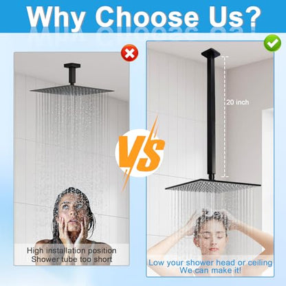 Ceiling Mount Shower Arm with Flange 20 Inches Square Straight Extender Extension Pipe Replacement, Long Shower Arm For Fixed Rain Shower Head or High Ceiling,Matte Black - color: Black, style: 20inch