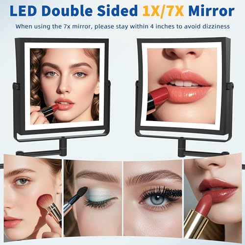 Ruacq Wall Mounted Makeup Mirror with Lights 1X/7X Dual Sided Matte Black | 8",4000mAh Rechargeable,Magnification,3 Color,Touch Screen Dimmable,360° Rotation Extension Foldable Arm, Square, Women Gift - color: Matte Black