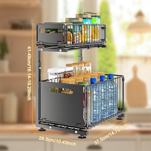 2 Tier Under Sink Organizer, Slide Out Storage Organizer for Kitchen Cabinets,Height Adjustable Pull Out Cabinet Organizers