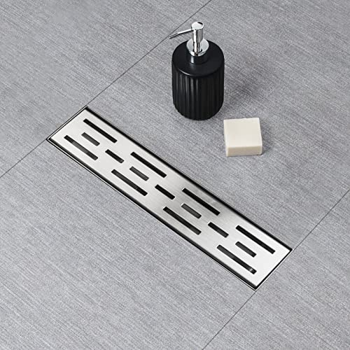 SaniteModar Linear Shower Drain 12 inch Brushed with Brick Pattern Grate | AISI 304 Stainless Steel Brushed Linear Dain Rectangle Shower Floor Drain with Hair Strainer and Leveling Feet - size: 12 Inch