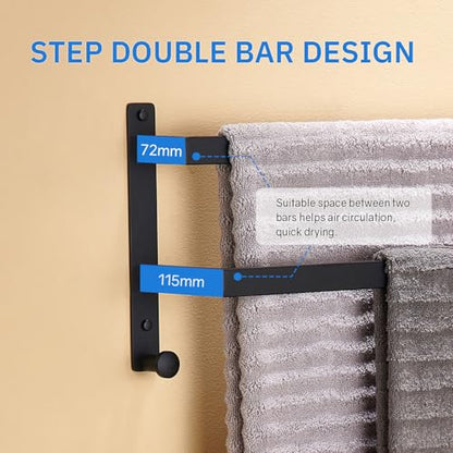 24 Inch Double Towel Bar with Hooks Matte Black, Stainless Steel Bath Shower Towel Rack Wall Mounted Towel Rod Holder for Bathroom - color: Matte Black, size: 24-Inch