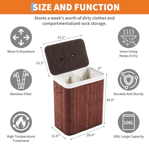 GarveeHome Folding Bamboo Laundry Hamper with Lid, 28 Gal /106L Wooden Laundry Basket with Washable Liner Bag, Slim Clothes Storage Hamper for Small Bedrooms Apartments Dorms, Brown - color: Brown - Rectangle