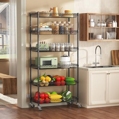Himimi 6 Tier Rolling Storage Cart, Metal Wire Basket Rack with Wheels, Adjustable Storage Shelves Organizer Shelf for Kitchen Pantry Garage Laundry Room Bathroom, 30" W X 13.5" D X 63" H, Black - size: 30"W X 13.5"D X 63"H