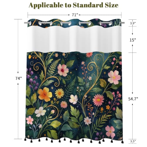 Boho Floral No Hook Shower Curtain with Snap in Liner & Tassels | Double Layer Waterproof & Mesh Top, Whimsical Dark Botanical & Wildflower Design for Modern Bohemian Style Bathroom, 71Wx77L - color: Whimsical Flowers