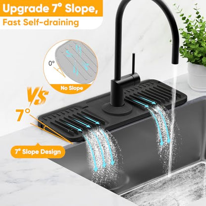 14.6 inch Faucet Mat for Kitchen Sink Splash Guard[7° Slope Fast Self-draining][Snap Lock Fit]Kitchen Sink Faucet Mat Splash Guard Kitchen Sink Area Water Splash Guard Behind Faucet Draining Mat - color: Black, size: 14.6" x 5.5"