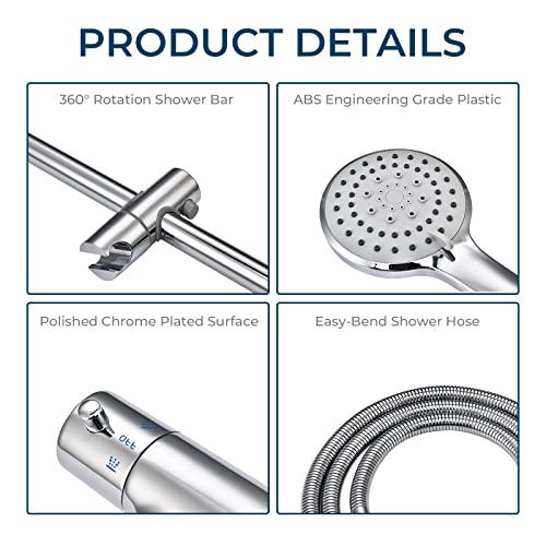 Outdoor Shower Faucet Set 8" Round Shower Head 3 Function Thermostatic Rainfall Shower Faucet Set Handheld Sprayer with Constant Temperature Polished Chrome with Height Adjustable Slide Bar