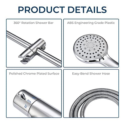 Outdoor Shower Faucet Set 8" Round Shower Head 3 Function Thermostatic Rainfall Shower Faucet Set Handheld Sprayer with Constant Temperature Polished Chrome with Height Adjustable Slide Bar