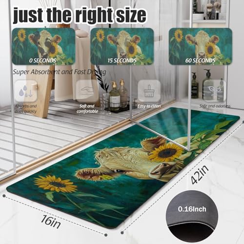 Bathroom Runner Mat Rugs Long,Cow with Sunflower Animal Beautiful Diatomite Stone Bath Mat Large Absorbent Diatomaceous Earth Mat Non Slip Fast Dry Shower Mat Bathroom Rugs Floor Mat 16x42in - color: Design15