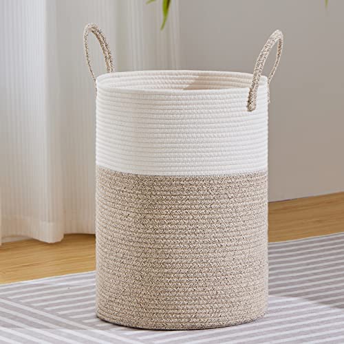 VIPOSCO 53L Tall Woven Laundry Basket Hamper, White Brown | Cotton rope laundry hamper, collapsible wicker basket, storage for blanket, toys, dirty clothes, for bedroom, bathroom - color: Brown, size: 53L