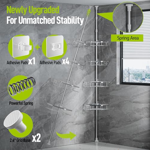 LAMU Corner Shower Caddy Tension Pole, 4-Tier Stainless Steel Organizer | Fits 38-124in Heights, Shower Shelves with No Drilling & Strong Spring Tension, Holds Up to 26lbs, Bathroom, Bathtub, Dorm