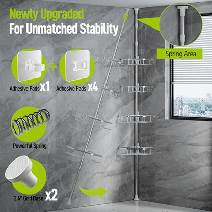 LAMU Corner Shower Caddy Tension Pole, 4-Tier Stainless Steel Organizer | Fits 38-124in Heights, Shower Shelves with No Drilling & Strong Spring Tension, Holds Up to 26lbs, Bathroom, Bathtub, Dorm
