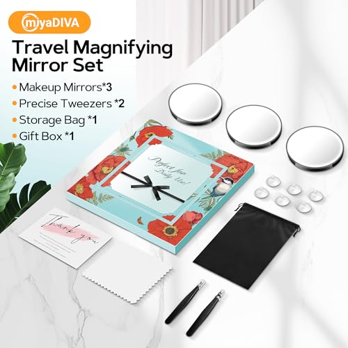 MIYADIVA Magnifying Mirror 40X/30X/20X, 3.5 Inch Round Compact Mirror with Suction Cup, 2Ps Stainless Steel Tweezers, Perfect for Makeup, Eyebrows, Beards, Travel - color: Black-40xset