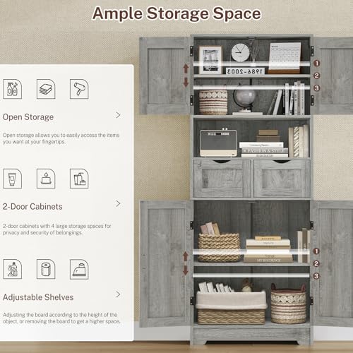 Iwell Tall Storage Cabinet with Adjustable Shelf, Bathroom Cabinet with 2 Drawers, Linen Cabinet for Living Room, Grey - color: Grey-4 Shelves
