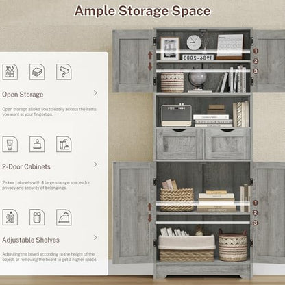 Iwell Tall Storage Cabinet with Adjustable Shelf, Bathroom Cabinet with 2 Drawers, Linen Cabinet for Living Room, Grey - color: Grey-4 Shelves