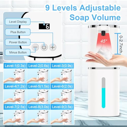 OHIFAST Automatic Foaming Soap Dispenser Touchless, USB Rechargeable Smart Hand Soap Dispenser, 9-Level Adjustable, Physical Button Operation, 13.5oz/400mL Wall Mounted for Bathroom Kitchen Dish Soap - style: LV9-Foam