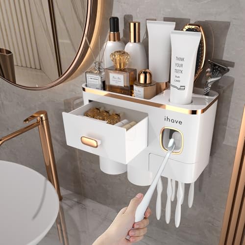 iHave Toothbrush Holders Bathrooms Wall Mount Toothpaste Dispenser & 2 Cups | Elegant White & Gold Bathroom Decor: 2 Cups, 6 Slots, Toothpaste Dispenser, Tray & Drawer Wall Mount Toothbrush Organizer - color: Gold White, size: 2 Cup