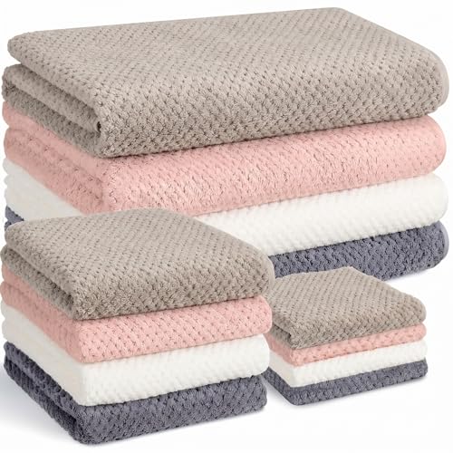 Preboun 4 Sets Bath Towels and Washcloths for Bathroom,Gentle Neutrals | 12 Pcs Microfiber Quick Dry Coral Fleece Highly Absorbent for College Dorm Beach Pool Spa Fitness Sports Shower Travel Hotel - color: Gentle Neutrals