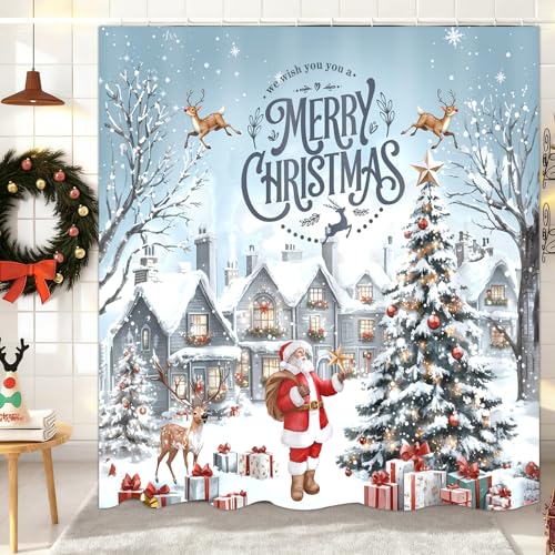 Christmas Shower Curtain，Santa Claus Castle Reindeer Shower Curtain，Winter Christmas Shower Curtains for Bathroom ，72x72 Inch Waterproof Polyester Insulated Home Decor Set ，with Hooks - color: Multicolor 2