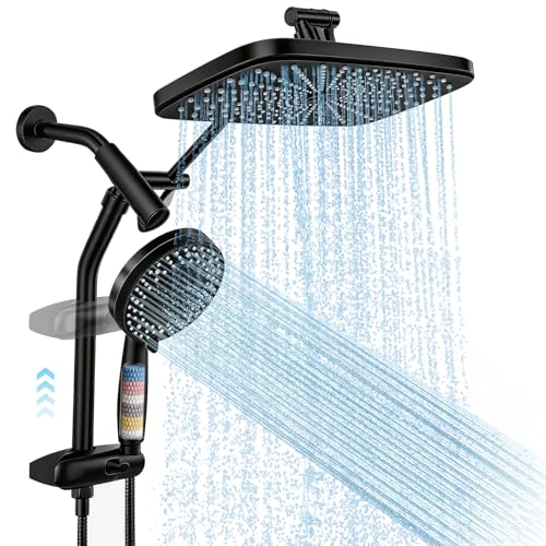 Shower Head with Handheld, 12" High Pressure Rain Shower Heads with Filtered Handheld Spray Combo, Black Showerheads & Hand Held Showers Set with Adjustable Extension Arm for Bathroom - color: Black