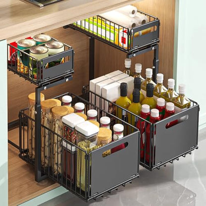 CuisinSmart Pull Out Cabinet Organizer, 2 Tier Under Sink Organizer, Slide Out Metal Kitchen Drawer Shelf, Storage Shelves for Home Laundry Room RV Pantry Spice Black
