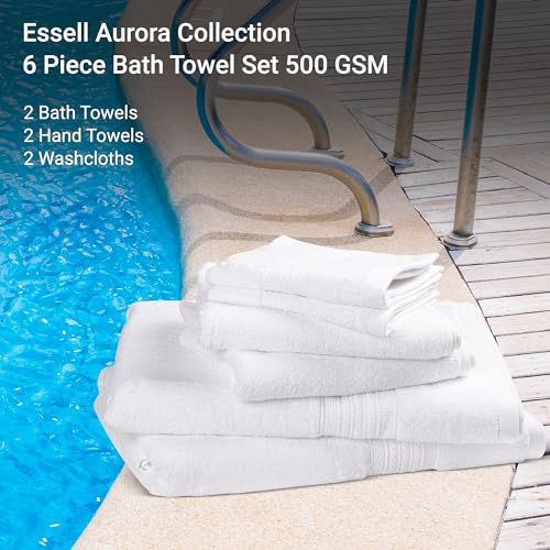 ESSELL 24/7 6 Piece White Bath Towel Set, 2 Bath Towels, 2 Hand Towels, 2 Washcloths, 100% Cotton, Durable, Quick Dry & Light Weight, Aurora Collection - color: White
