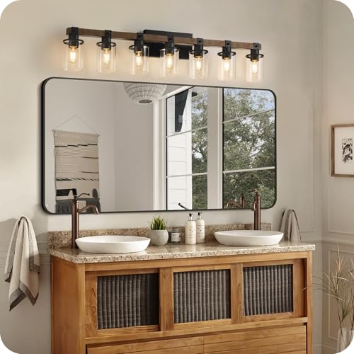 7-Light Bathroom Light Fixture, Farmhouse Vanity Lights for Bathroom with Glass Shade, Rustic Bathroom Light Fixtures, E26 Base F16BD05 - size: 7-Light