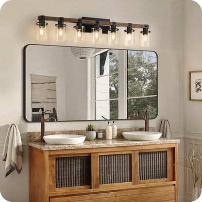 7-Light Bathroom Light Fixture, Farmhouse Vanity Lights for Bathroom with Glass Shade, Rustic Bathroom Light Fixtures, E26 Base F16BD05 - size: 7-Light