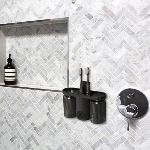 Generic Wall Mount Toothbrush Holder with Double Cup and Toothpaste Dispenser, No-Drill Bathroom Organizer with Towel Hanger, Black Plastic Toothbrush Storage Rack for Home and Travel