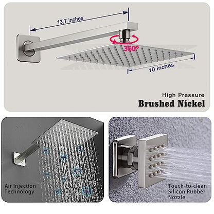 Full Body Shower System Concealed Shower Faucet Set with Body Massage Jets 10 Inch Shower Head Trim Kit 3 Function Wall Mount High Pressure for Bathroom - color: Brushed Nickel, style: 10"- 3 Function