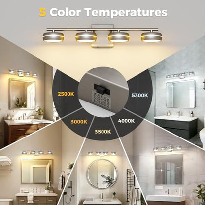 Vanity Light Fixture, 24.4 Inch 4-Light Bathroom Vanity Lighting with Brushed Nickel Finish, 5CCT Adjustable Wall Light, Dimmable Hardwired Vanity Fixture for Mirror Bathroom Guest Bath - size: 24.4 Inch Long
