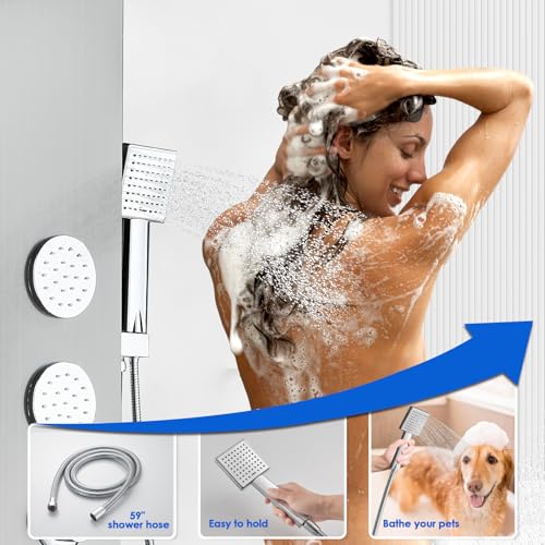 ROVOGO LED Shower Panel Tower System with Lights, 5 Shower Modes, 46.5 Inch | Rainfall Mist Shower Head, 3 Body Jets, Handheld, Waterfall Tub Spout, Stainless Steel Shower Column W/ Mixing Valve, Brushed - style: 46.5" Brushed