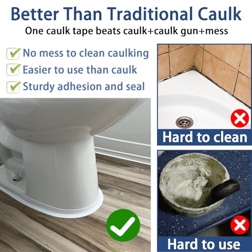 Caulk Tape Waterproof Self Adhesive, No Mess, No Tools Toilet Caulk Tape | Quick & Easy to Install in Minutes, Strong Adhesive, Floor Wall Edge Protector, Traditional Caulking Replacement