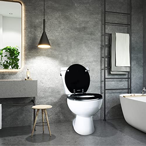 Angel Shield Round Toilet Seat Wood Molded UV Lid Soft Close | Quick Release Metal Hinges, Adjustable Fit for Standard Round Toilets, Easy Install&Clean(Black) - color: Black, size: Round