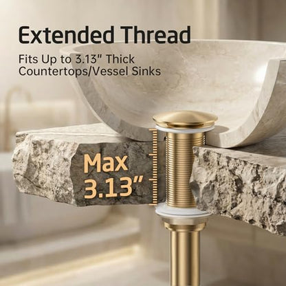 KES Brushed Gold Bathroom Pop Up Drain with Extended Thread, No Overflow | All-Metal Brass & Stainless Steel, Fits 1.6-1.9 In Sink Hole, Up To 3.94 In Thick Countertops, Easy Install - color: Brushed Gold, style: NO Overflow, Long Thread
