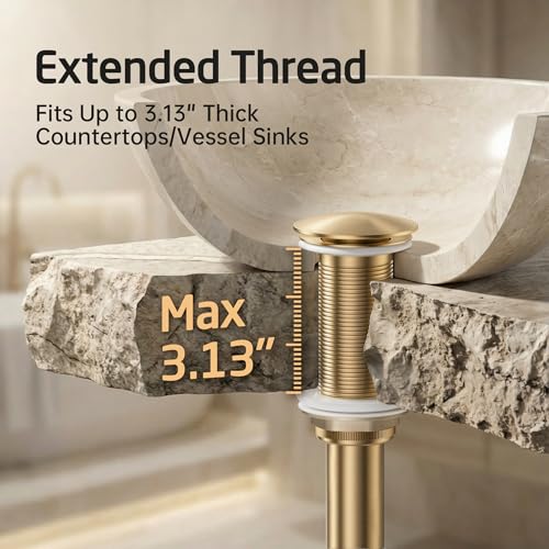 KES Brushed Gold Bathroom Pop Up Drain with Extended Thread, No Overflow | All-Metal Brass & Stainless Steel, Fits 1.6-1.9 In Sink Hole, Up To 3.94 In Thick Countertops, Easy Install - color: Brushed Gold, style: NO Overflow, Long Thread