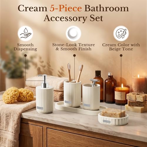 Bathroom Accessories Set 5 Piece, Cream Bathroom Set with Soap Dispenser, Soap Dish, Bathroom Vanity Tray, Toothbrush Holder and Toothbrush Cup, Modern Bathroom Accessory Set for Countertop