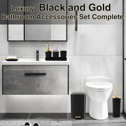 XLHOMO Black Bathroom Accessories 8 Piece Black and Gold Bathroom Set, Bathroom Accessories with Stainless Steel Bathroom Trash Can,Toilet Brush,Toothbrush Set,Soap Dispenser - size: Black, style: Bath Set