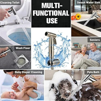Modern Stainless Steel Handheld Bidet Sprayer Set for Toilet - 150cm (59") Extra-Long Hose - Adjustable Water Flow Control Shattaf with Wall Mount Holder - Easy Installation Diaper Spray Gun