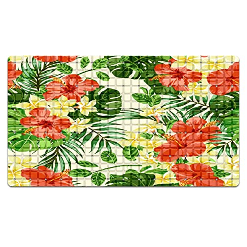 FCZ Bath Tub Mat Non Slip Shower Mat Tropical Floral Green Palm Tree Extra Long 26.8x15 inches Rectangular PVC Mat with Suction Cups Drain Holes Machine Washable - color: Tropical Floral Green Palm Tree