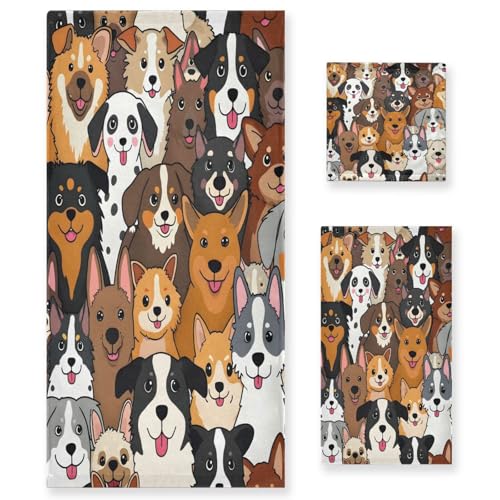ALAZA Cute Doodle Dog Print Animal Bath Towel Set Luxury Decorative Set of 3, 1 Bath Towel 1 Hand Towel 1 Washcloth Soft Multipurpose for for Bathroom Hotel - color: Multi27