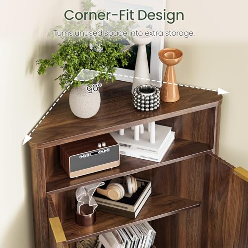 Corner Cabinet, Corner Storage with Fluted Panels and Adjustable Shelf, Modern Floor Cabinets for Small Spaces, Bathroom, Living Room, Kitchen, Walnut MCW23HT