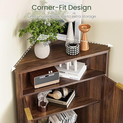 Corner Cabinet, Corner Storage with Fluted Panels and Adjustable Shelf, Modern Floor Cabinets for Small Spaces, Bathroom, Living Room, Kitchen, Walnut MCW23HT
