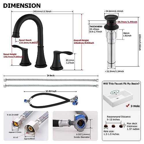 Matte Black Widespread Bathroom Sink Faucet 8 Inch for Vanity | with All Metal Pop Up Drain, High Arc 2 Handle Lead-Free Deck Mount Bathroom Faucet for 3 Hole Lavatory Utility Sink - color: Matte Black
